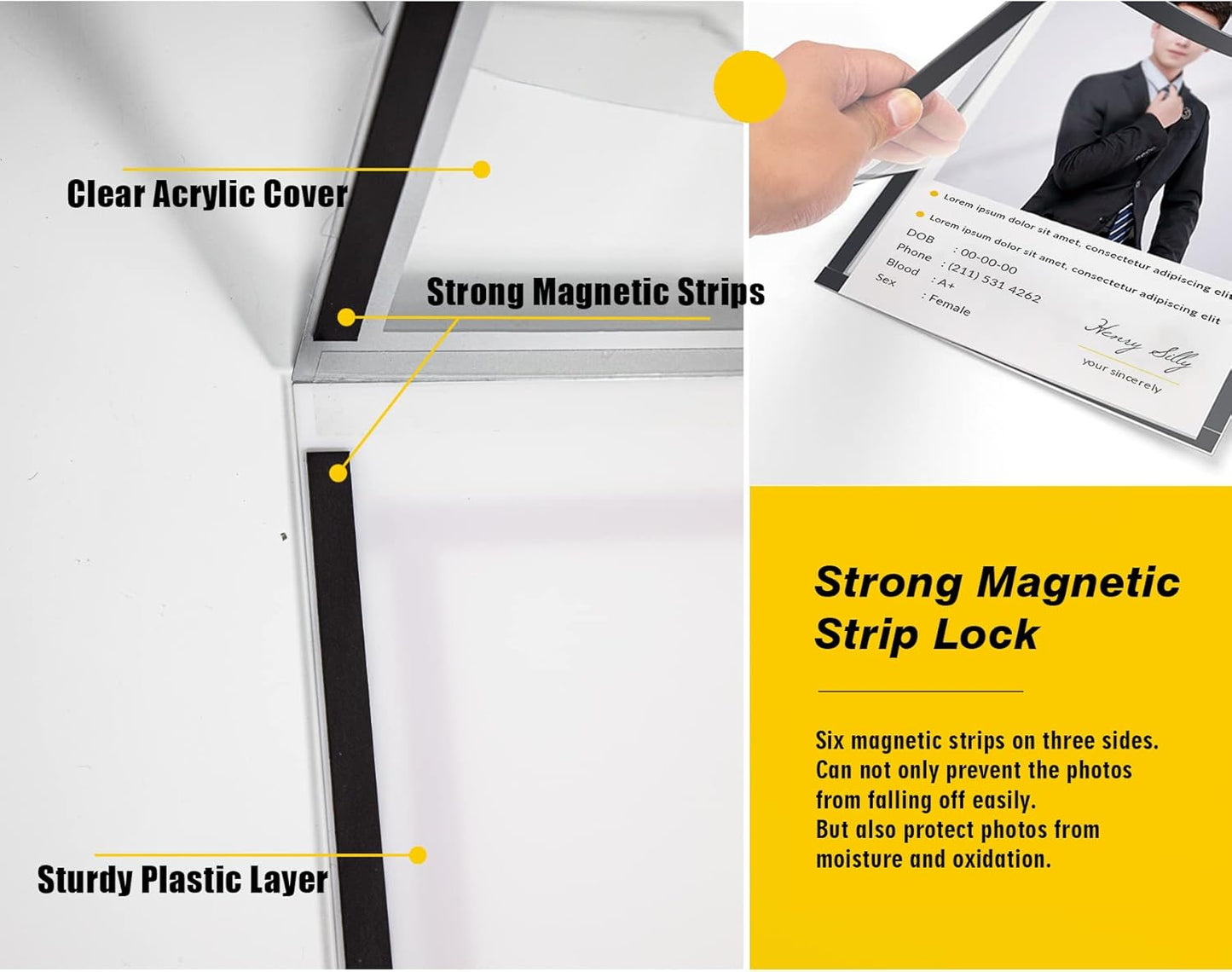 Acrylic Magnetic Sign Holder, Easy-Opening 8.5 x 11 Wall Mount Display Frames, Self Adhesive Back Plastic Clear Document Frame, Horizontal & Vertical Display (Black, 3Pack)