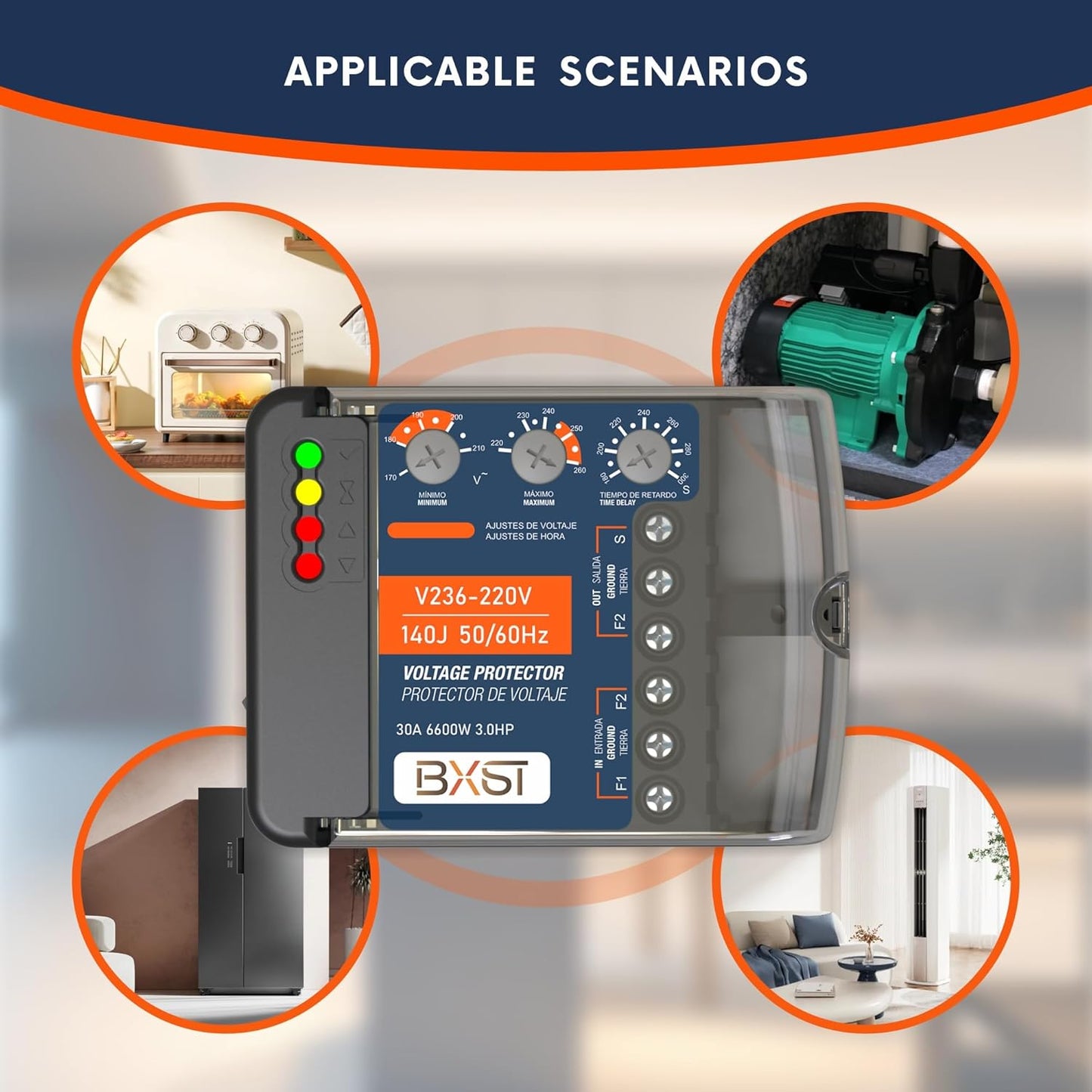 BXST Wiring Surge Protector with Adjustable Over/Under Voltage Protection Power Suppressor Protector, 220V, 30A, Up to 6600W Heavy Duty Power Surge Protection for Refrigerators, Air Conditioning, TV