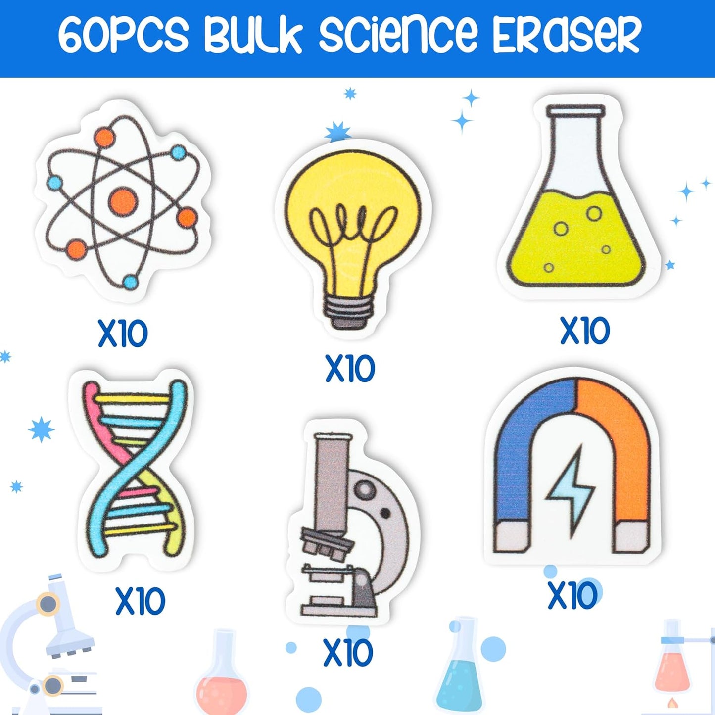 ANGOLIO Science Mini Eraser - 60P Summer Back to School for Kids Bulk Novelty Including microscopes U Shaped Magnets Lamp Bulb Pattern Pencil Eraser for Student Homework Summer Reward Classroom Prizes