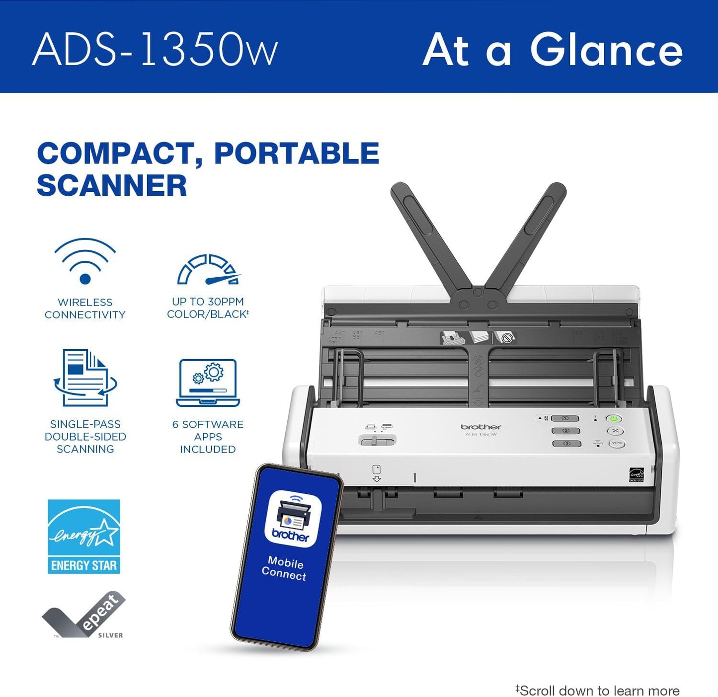 Brother ADS-1350W Wireless Compact Desktop Scanner | Scan Speeds of Up to 30ppm | Single Pass Double-Sided Scanning