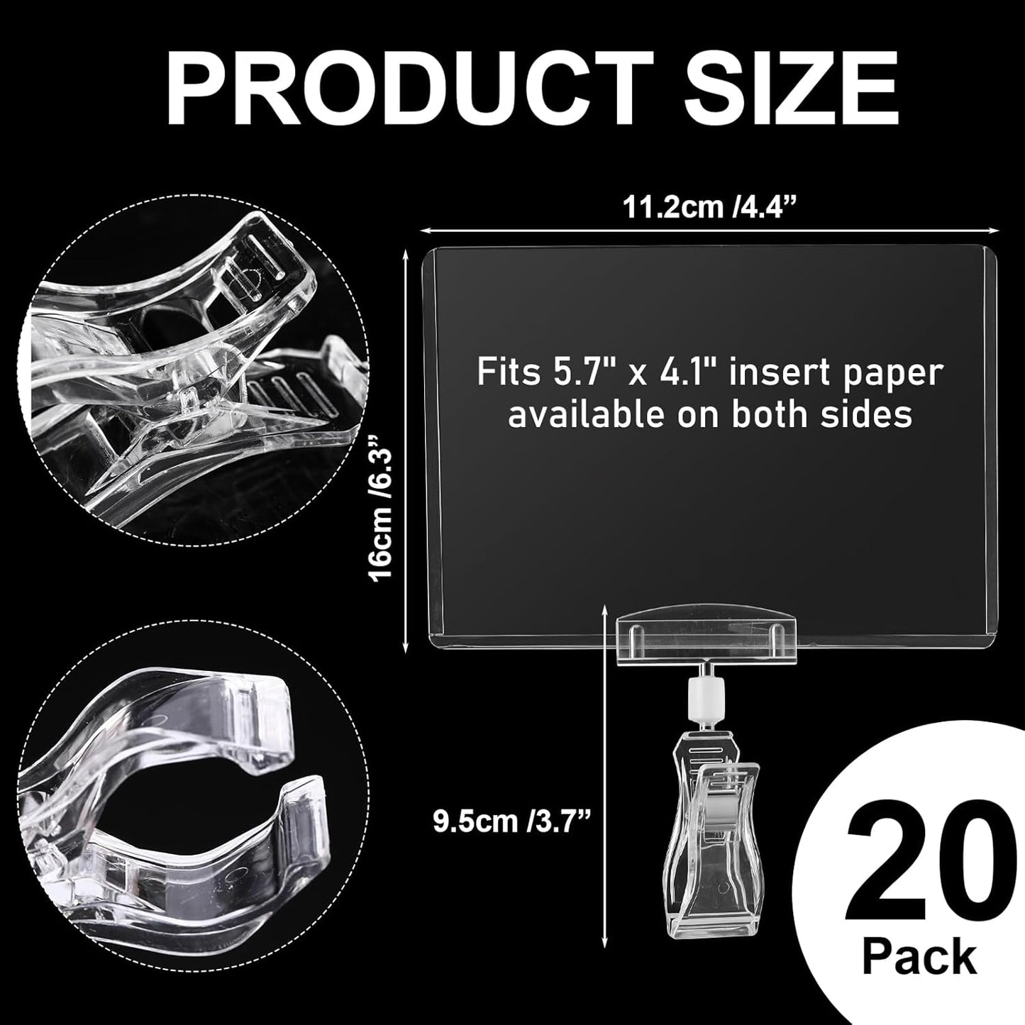 Epakh 20 Pieces Sign Clips Rotating Price Tag Clip Swivel Sign Holder for Handrails or Tubes with 20 Pieces Hard Card Sleeves PVC Card Protector for Shelves Store Supermarket(Sector Style)