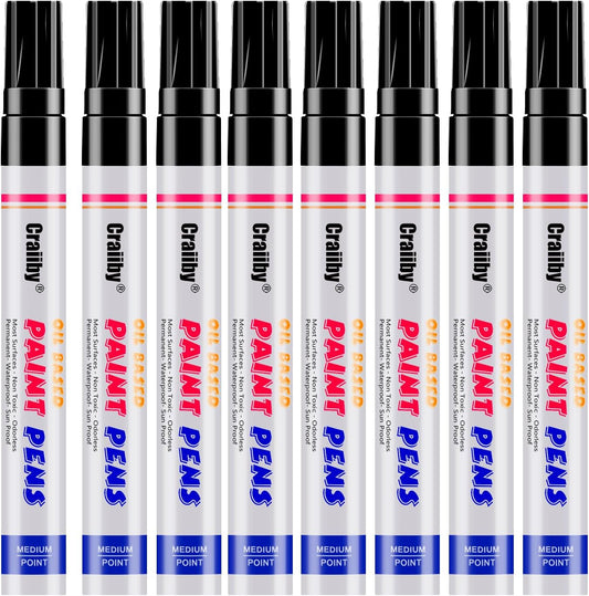 Black Paint Markers, 8 Pack Oil-Based Waterproof Quick Dry Permanent Paint Pen Set for Rocks Painting, Wood, Fabric, Plastic, Canvas, Glass, Mugs, Metal, Tire, Stone, DIY Craft