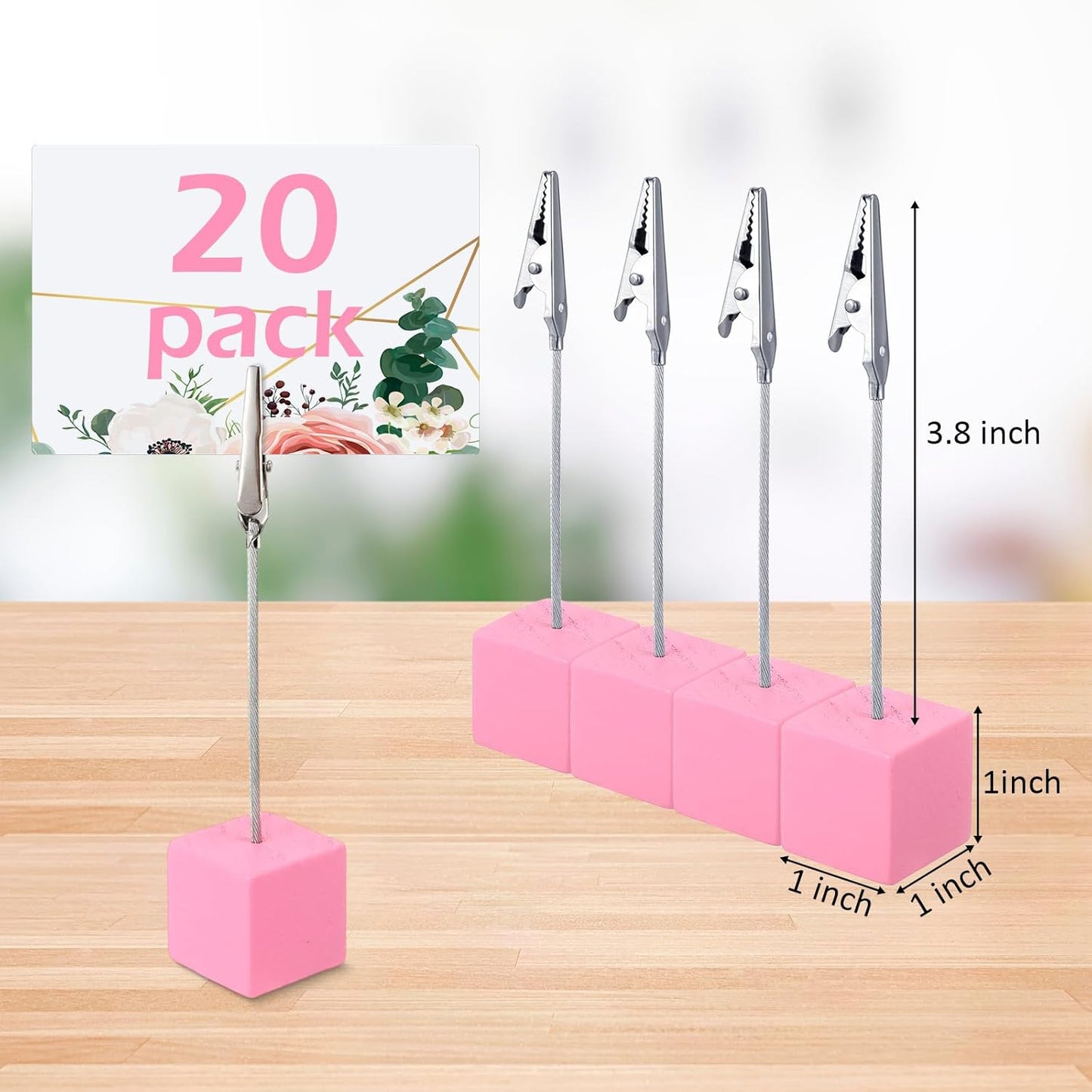 20 Pcs Cube Base Memo Clip Holder with Alligator Clip Wood Table Number Holder Cube Base Place Card Stand Mini Photo Menu Stand for Displaying Number Card(Pink)