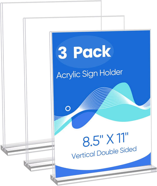 Acrylic Sign Holder 8.5 x 11, 3 Pack Clear Double Side T Shape Acrylic Table Sign Stands for Displaying, Flyer Holder Paper Card Holder for Office Business Store Restaurants