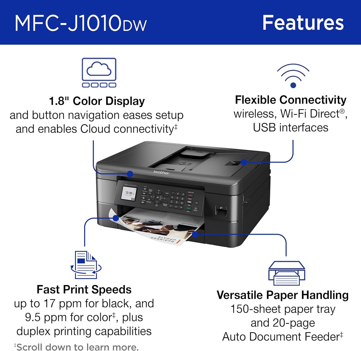 Brother MFC-J1010DW Wireless Color Inkjet All-in-One Printer, Duplex Printing, Mobile & Cloud Print, Compact Design, 1.8" Color Display, Works with Alexa