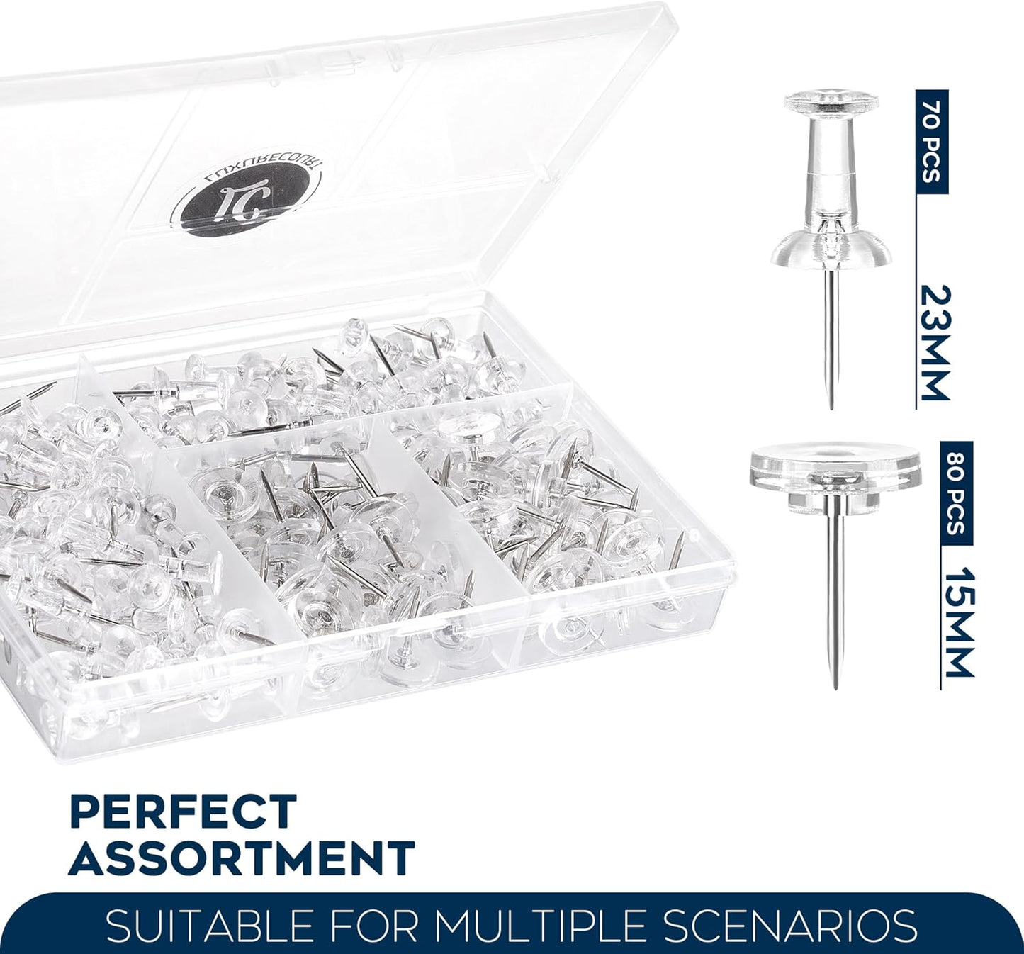 150 Pack Assorted Clear Push Pins by Luxurecourt for Bulletin Board, Wall Hanging, Cork Board, Shadow Box Display - Includes Flat Head Thumbtacks & Standard Pushpins in Plastic Resuable Storage Box.