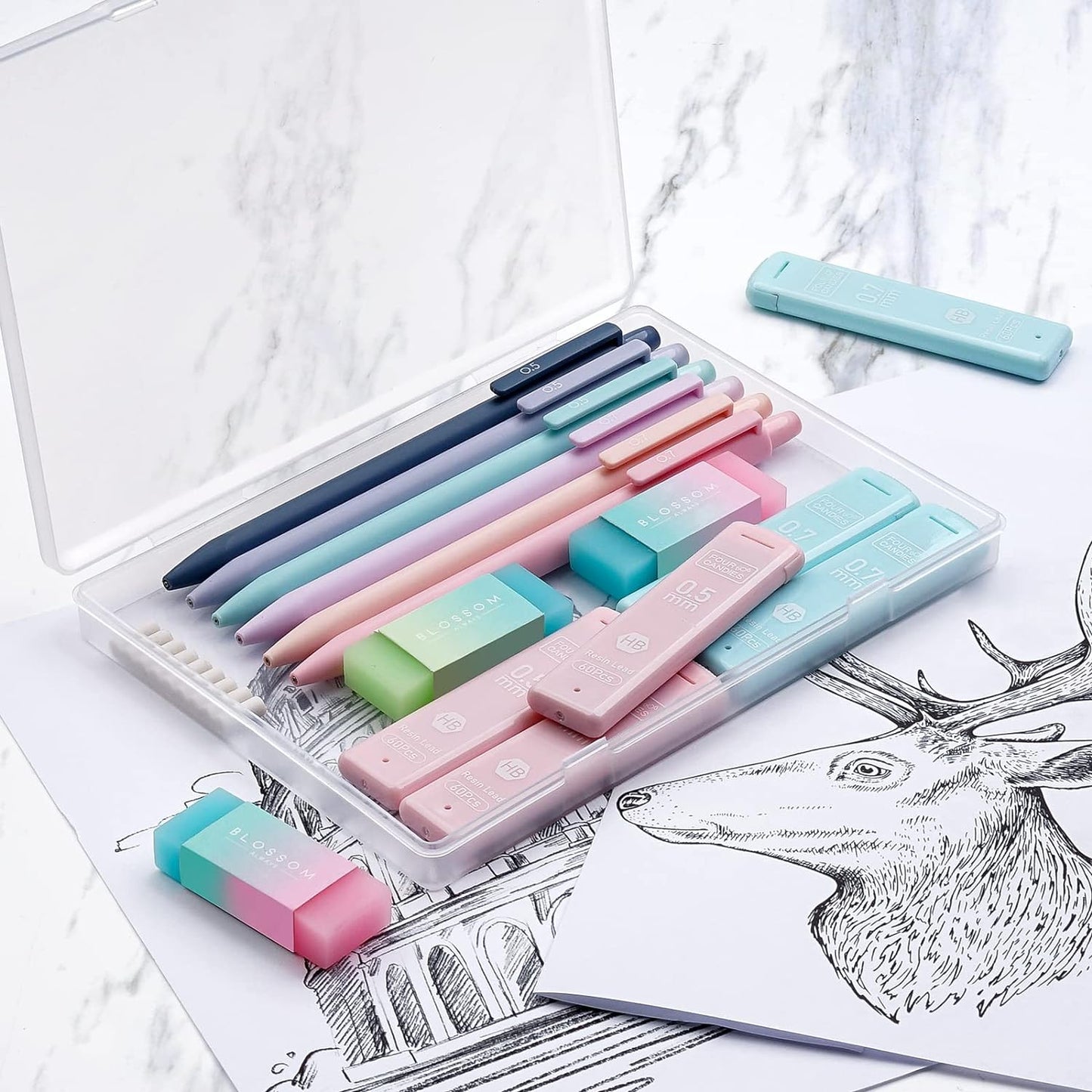 Four Candies Cute Mechanical Pencil Set, 6PCS Pastel Mechanical Pencils 0.5 & 0.7mm with 360PCS HB Leads, 3PCS Erasers and 9PCS Eraser Refills, Aesthetic School Supplies for Girls Writing
