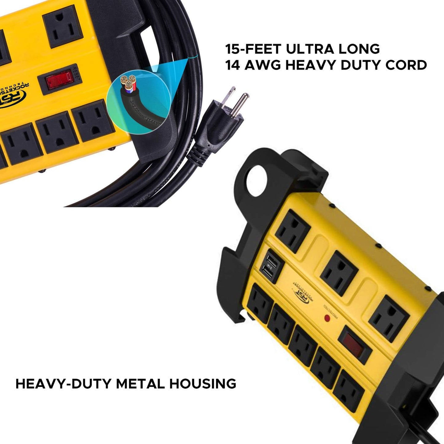 Heavy Duty Power Strip Surge Protector with USB,CRST Metal Power Strip with 2 USB 15 A 1875W, 15-Foot Long Cord 1350 Joules for Home, Kitchen, Office, School, ETL Listed… Yellow
