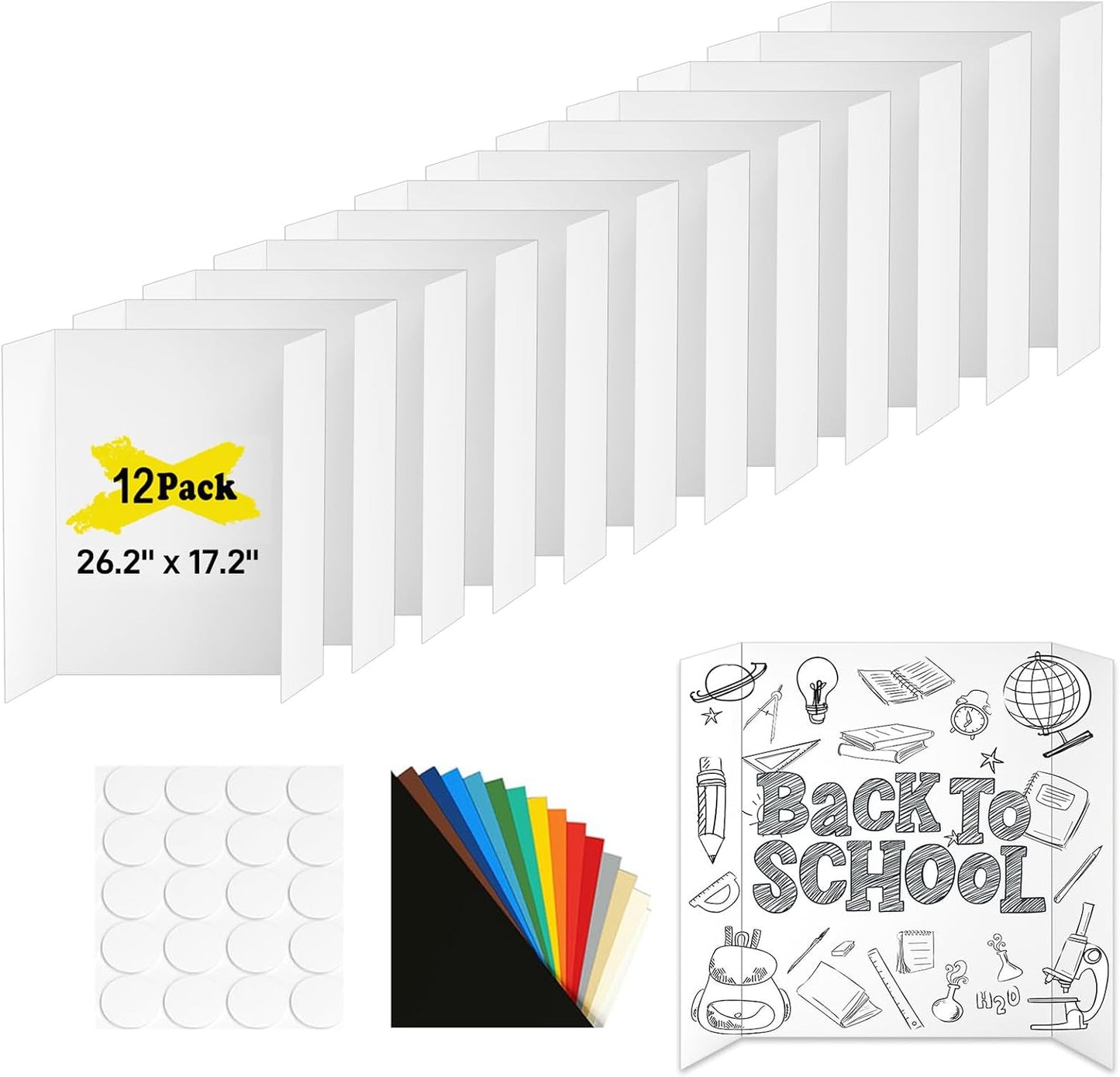 12 Pcs Medium Trifold Poster Board, 26.2" x 17.2" Presentation Board, with Double Sided Tapes and Cardboard, White Corrugated Project Boards/Science Fair/trifold Display Board for School Project