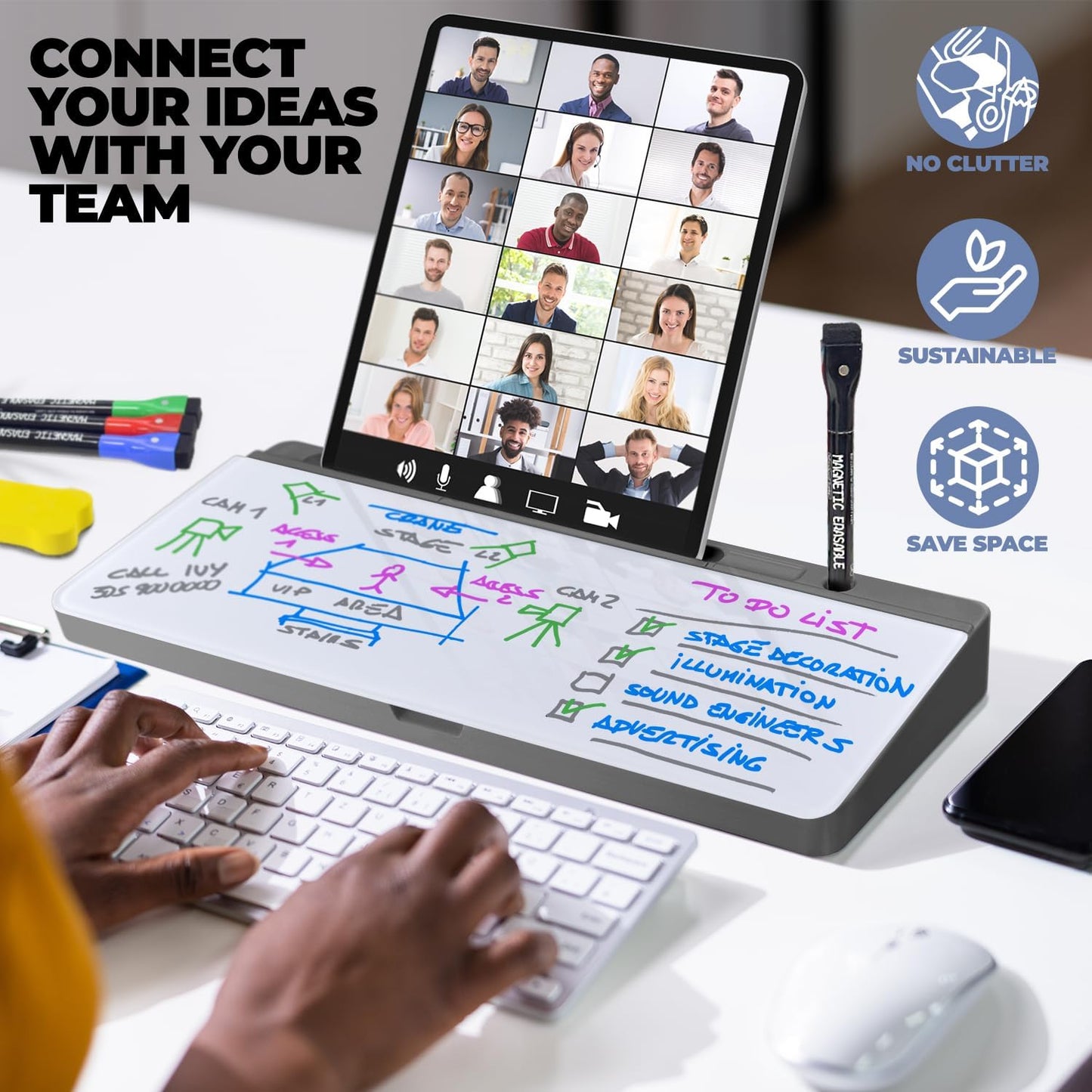 Desktop Whiteboard - Glass Dry Erase White Board - Desk Computer Buddy – Home Office & Studying Essentials - Desktop Pad with Phone & Tablet Slot, Storage Compartment - Includes 4 Markers, 1 Eraser