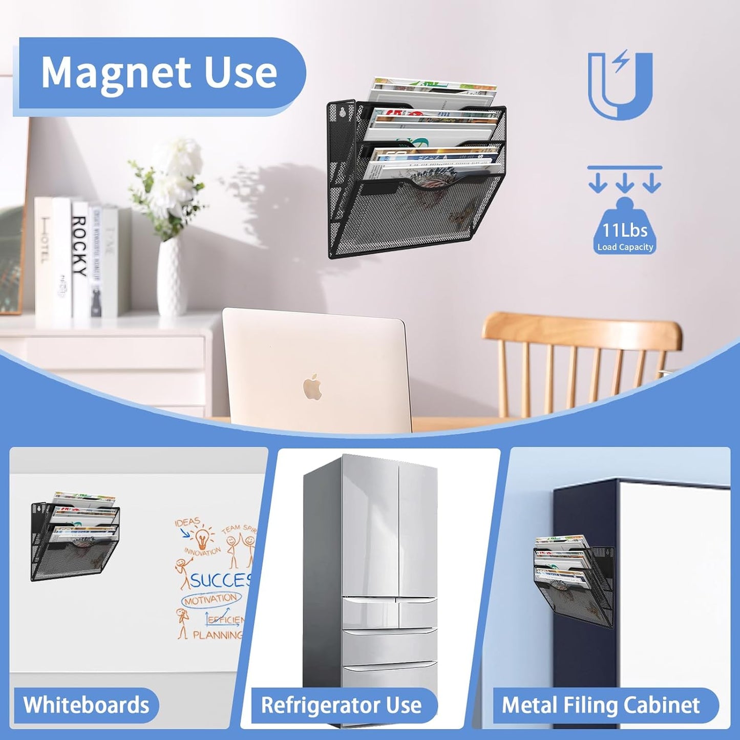 3-Tier Magnetic File Holder, No Drilling Installation File Cabinet Organizer, Black Magnetic File Organizer, Magazine Rack, Magnetic Paper Holder for Refrigerator, File Cabinets, Whiteboard