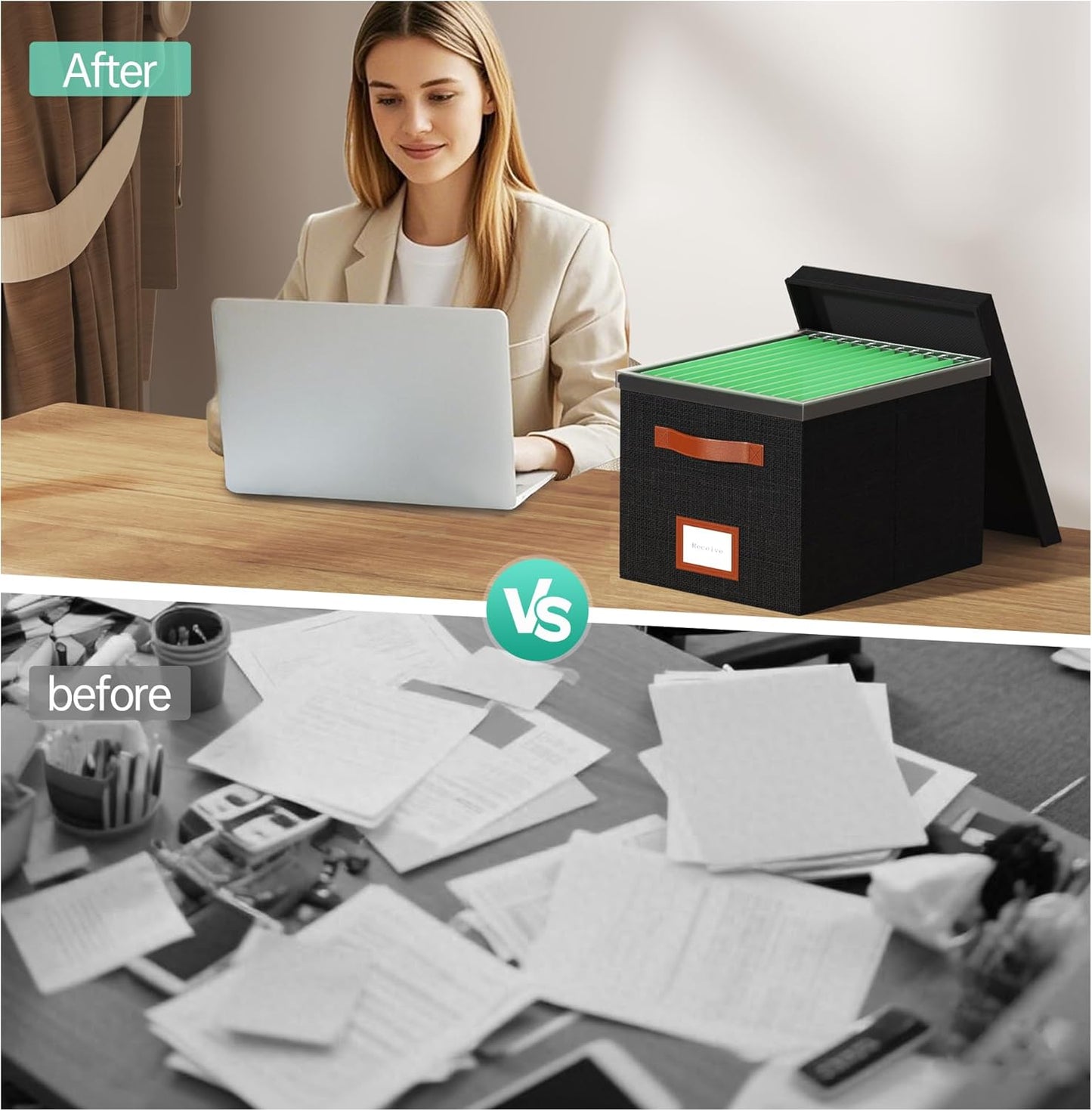 File Box for Hanging, File Organizer Box with Lid Decorative File Folders Organizer with One-Piece Integrated Plastic Slide Rail (Black, 13.2x10.1x10.1inch(2pack))