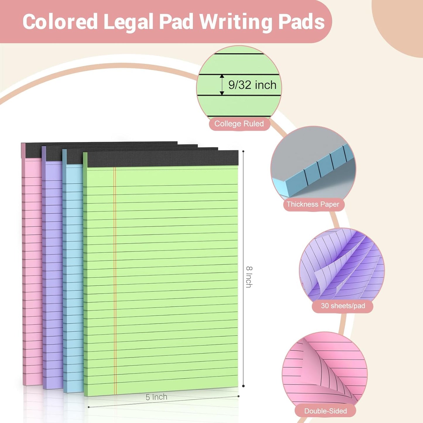 12 Pack Note Pads 5x8, Narrow Ruled Legal Pad Writing Pads 5x8, Multicolor Small Notepads Small Note Pads, 30 Sheet/Notepad, Pink Legal Pad, Purple Notepad,Colored Lined Paper for School,Business,Home