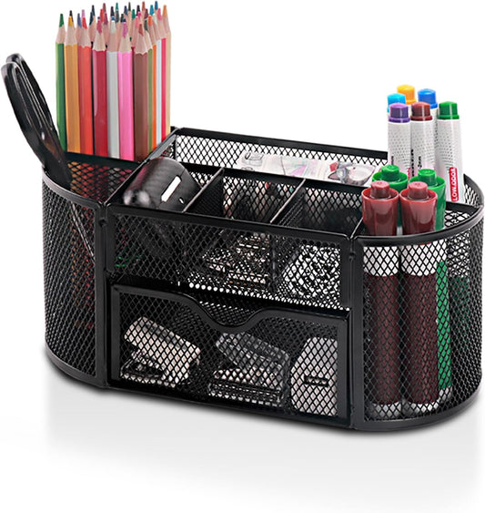 Comix Mesh Pen Pencil Holder Desk Organizer, 8 Compartment and 1 Drawer Wire Desktop Pen Pencil Cup Caddy Office Supplies Accessories for Home Office School, Black