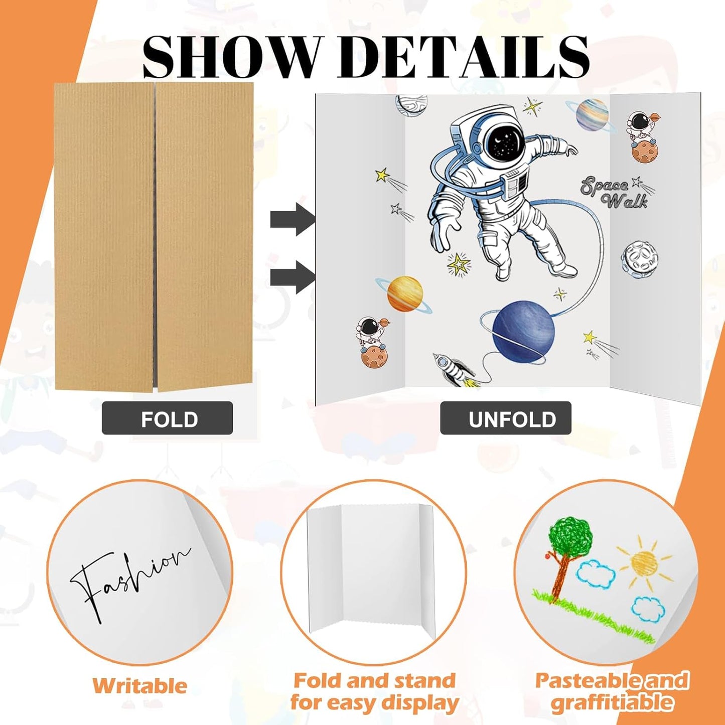 4 Pack 36"x48" Large Trifold Poster Display Board with Headers,White Foldable Presentation Paper Board with 4 Science Subtitles and 32 Self-Adhesive for School Science Business Project Display