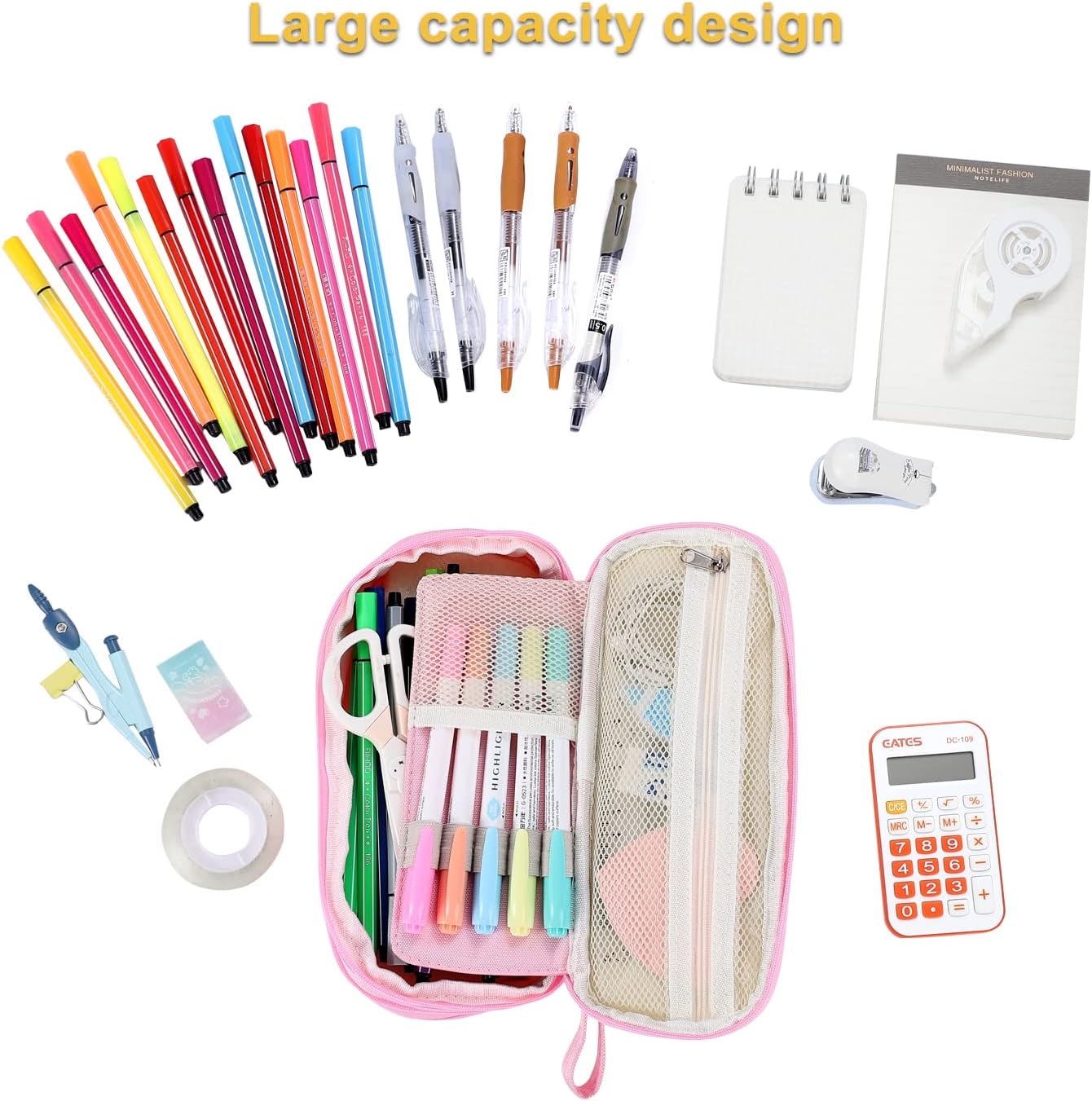 Big Pencil Case Zipper Pencil Pouch Organizer Large Capacity Pen Bag with Handle Portable for Girls Kids Adults Gift Pen Case for School Home Office Light-pink