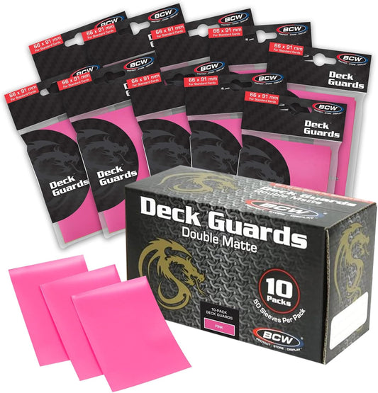 BCW Deck Guard - Double Matte Card Sleeves | 500 Count Box (10 Packs of 50 Sleeves) |Acid-Free, No PVC | Fits 2.5" x 3.5" Game Cards | Archival Safe Sleeves for Card Protection (Pink)