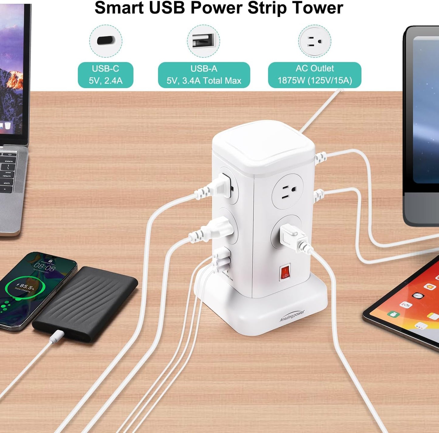 6.5Ft Surge Protector Power Strip Tower - 8 AC Outlets & 6 USB Ports Multi-Device Charging Station with Overload Protection, for Home/Office/Dorm