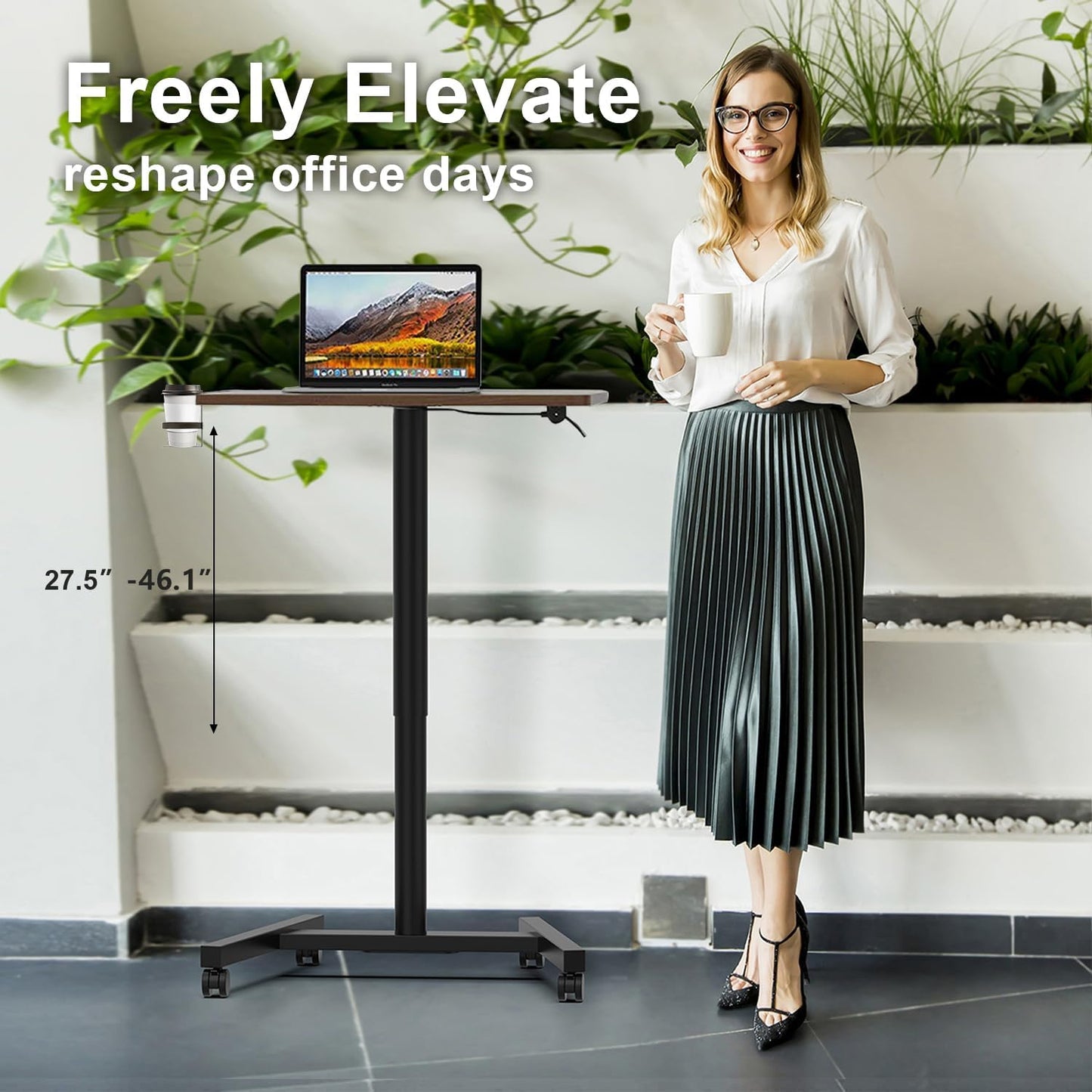 28-Inch Mobile Standing Desk Adjustable Height with Cup Holder, Portable Standing Desk with Lockable Wheels, Rolling Table for Home Office Classroom Hospital (Walnut)