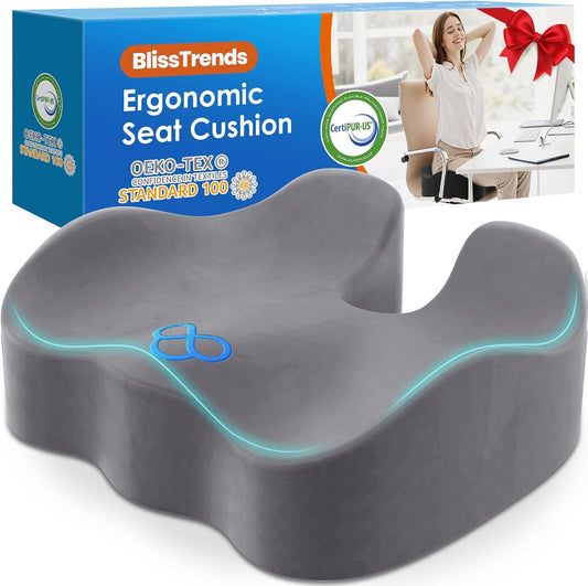 BlissTrends Seat Cushion,5.2in Thick Memory Foam Cushions for Office Chair, Car Seat, Airplane, Relieving Pressure Tailbone Sciatica Back Pain for Long Sitting Office Workers, Car Drivers LightGrey