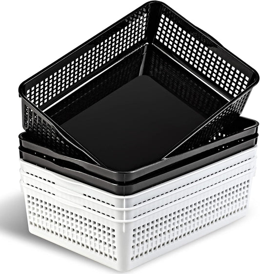A4 Size Plastic Storage Basket,Desktop File Paper Letter Organizer Tray, 6-Packs (White+Black)