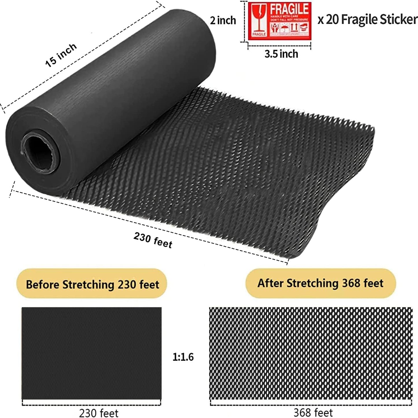 Honeycomb Packing Paper, HONSREO 15 Inches x 230 Feet Eco Friendly Recyclable Cushioning Material, Bubble Wrap for Moving Shipping Breakable Supplies with 20 Fragile Sticker Lables (Black)