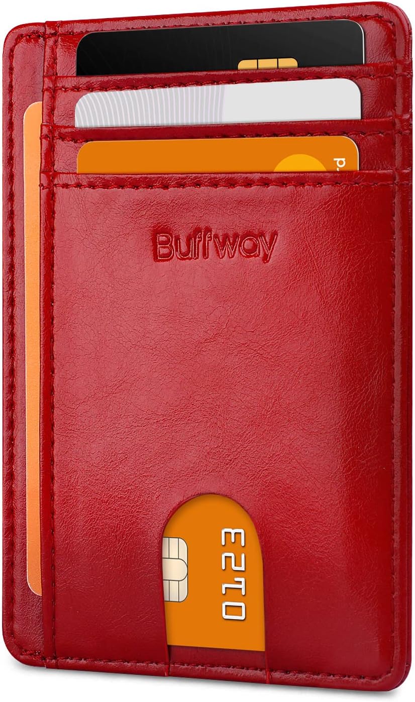 Buffway Slim Minimalist Front Pocket RFID Blocking Leather Wallets for Men and Women - Alaska Cherry