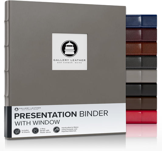 Gallery Leather 3 Ring Binder with Plastic Sleeves, Includes 10 Sheets, Sheet Size: 8.5" x 11" - Presentation Binder Rings with Window and Hubbed Spine, Thick: 1.25" Freeport Slate