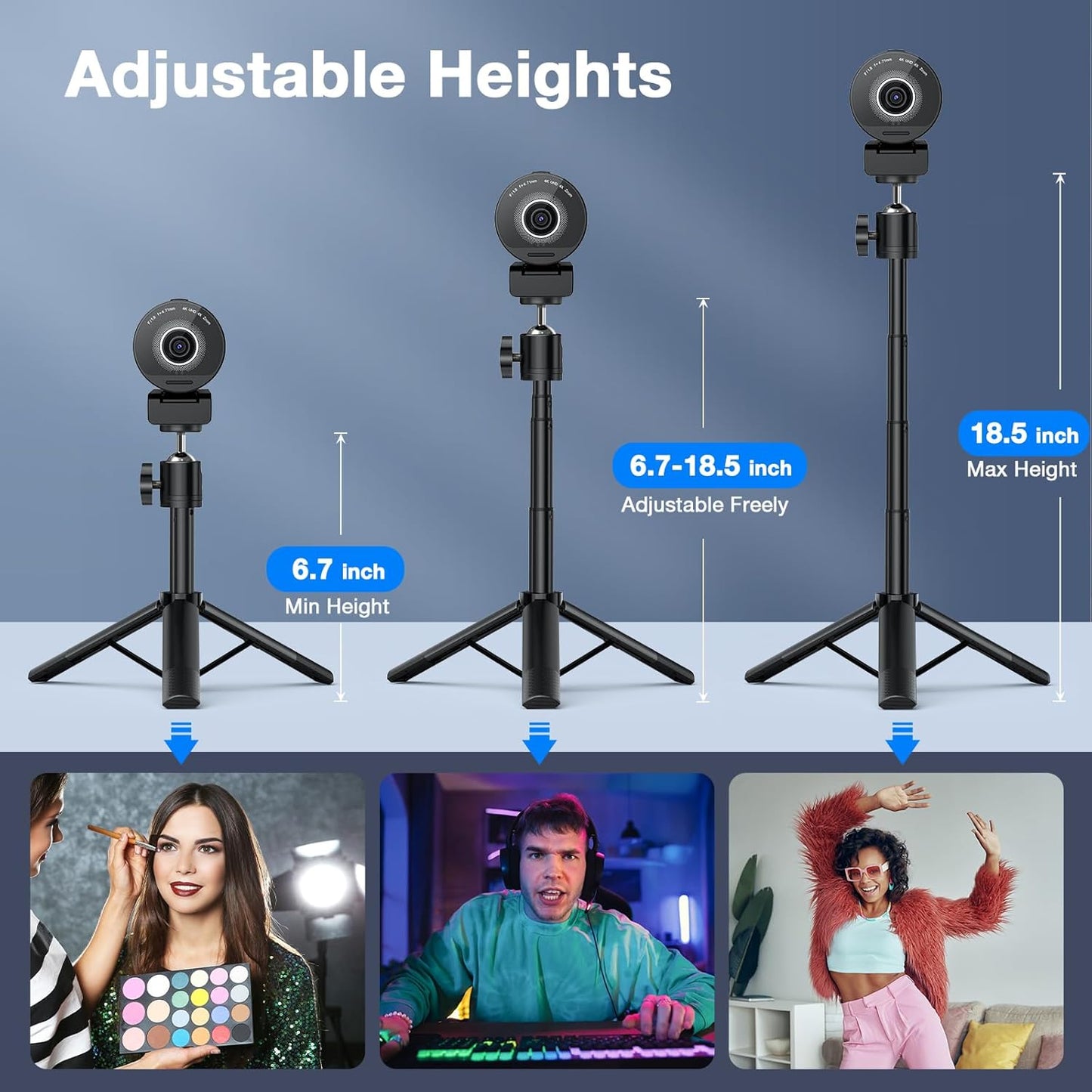 EMEET SmartCam S800-4K Webcam with Tripod for Streaming, Sony 1/2'' Sensor, Supports HDR, PDAF&TOF Dual-autofocus, 1080P@60FPS, Adjustable Heights with 360° Swivel Head, Perfect for Live Streaming