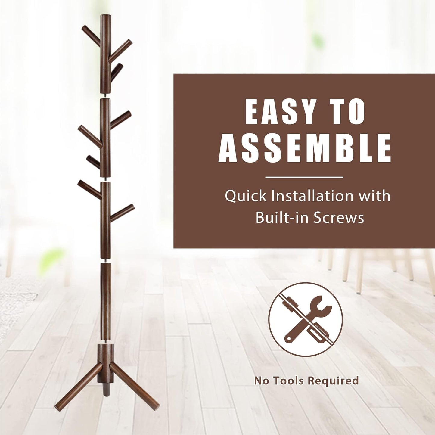 Haddockway Wooden Coat Rack Stand with 8 Hooks New Zealand Pine 3 Adjustable Coat Standing Tree Easy Assembly for Coats, Hats, Scarves and Handbags for Entryway, Hallway, Bedroom, Office,2 PCS