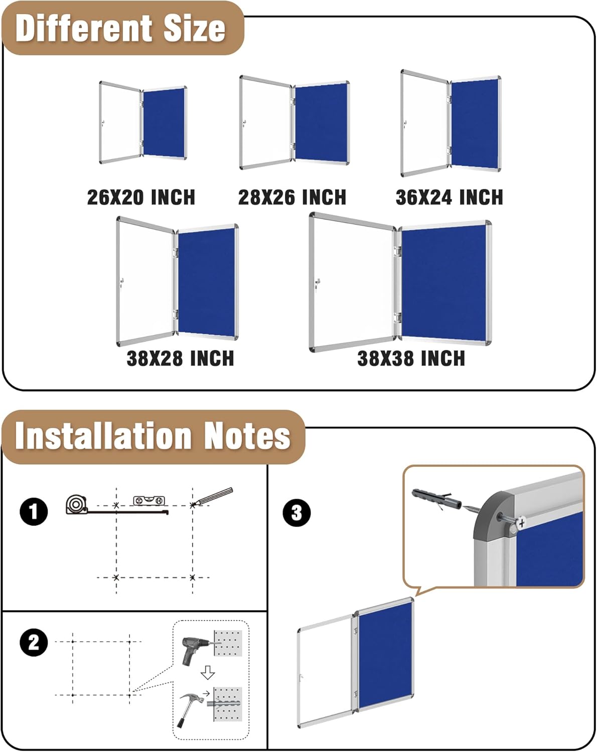 38"x38" Enclosed Bulletin Board, Lockable Weather-Resistant Aluminum Cork Noticeboard for School & Office, Silver Frame w/Blue Flet