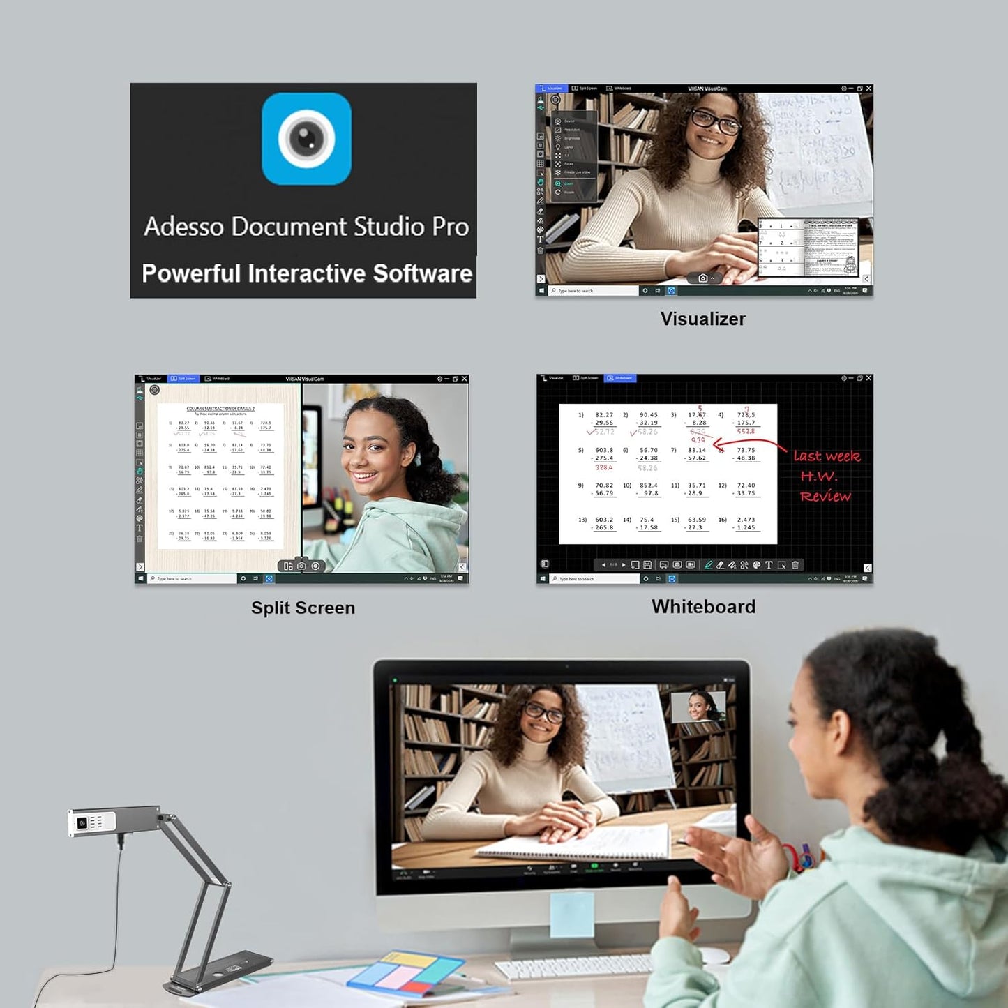 Adesso 4K Ultra HD 8MP USB Document Camera & Webcam with Built-in Microphone, LED Light, Autofocus, Multi-Jointed Design, Folding for Live Demo, Web Conferencing, Distance Learning, Remote Teaching