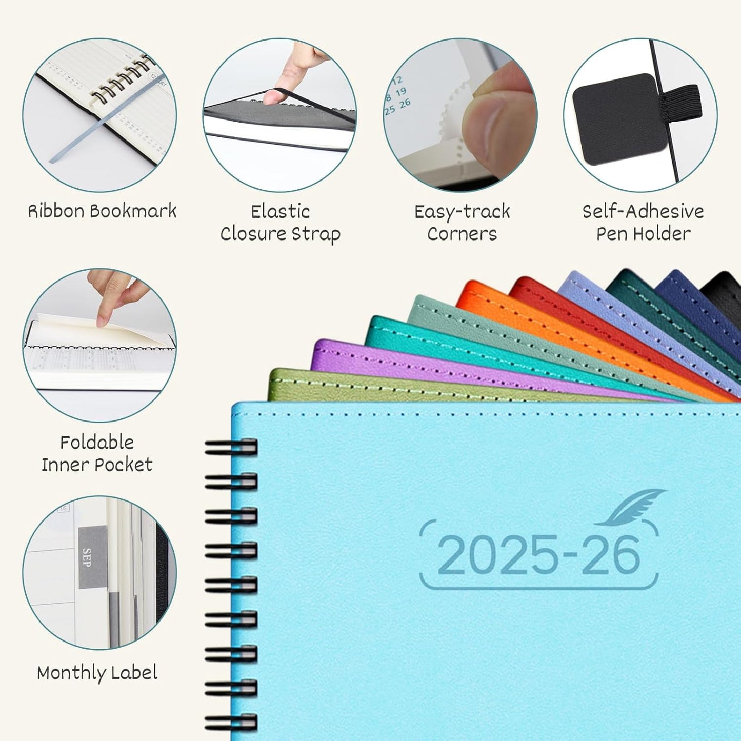 BEZEND Pocket Planner 2025-2026 Weekly and Monthly, 3.5" x 6" Academic Planner (Jul 25-Dec 26) 18-Month Mid-Year Calendar Book, Storage Pocket, Pen Holder, PU Leather Softcover, Spiral - Black