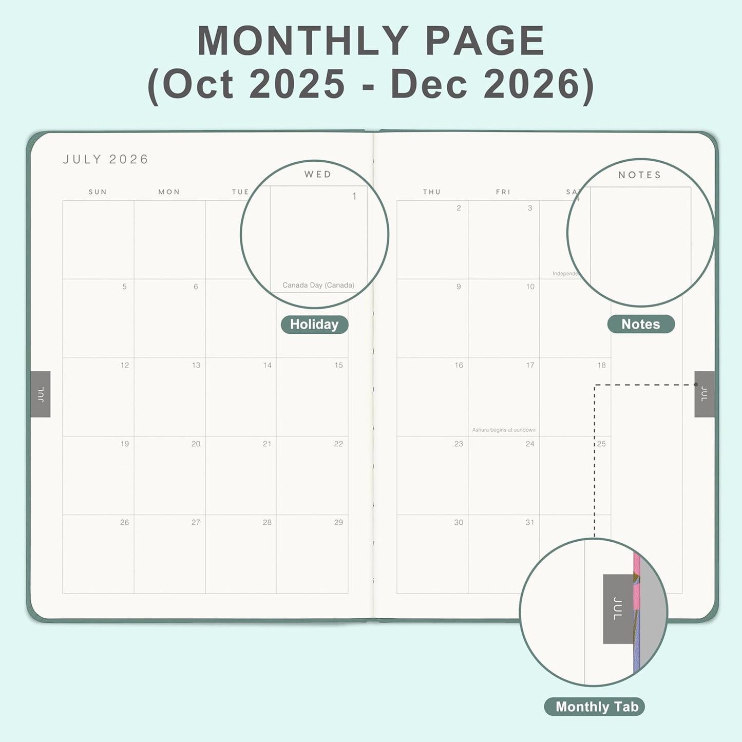 And Per Se 2026 Planner-Daily, Weekly & 15-Monthly Leather Hardcover Planner, 5.7" x 8", Daily Schedule, Monthly Tabs, 100 GSM Thick Paper, Back Pocket(Green)