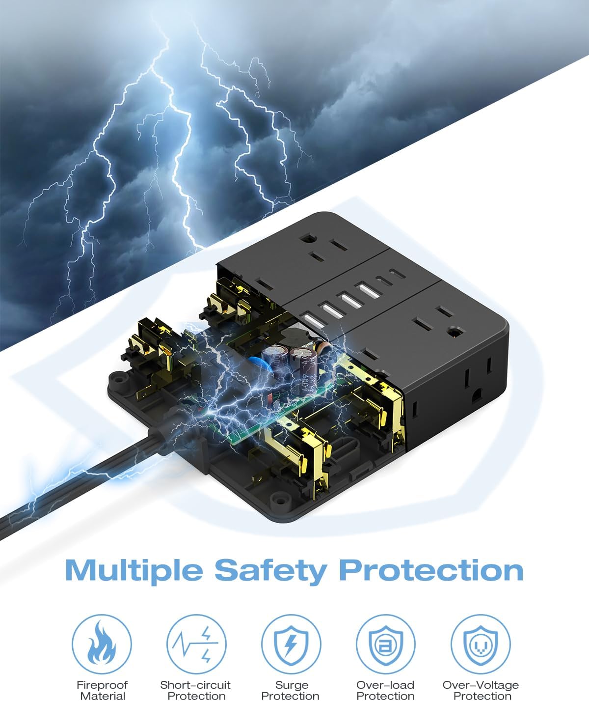 Flat Plug Power Strip, AOFO 5 Ft Extension Cord with 12 Outlets & 6 USB Ports (4 USB-A, 2 USB-C), Surge Protector, Ideal for Home, Office, Dorm, Large Spaces, Reliable and Safe, Black