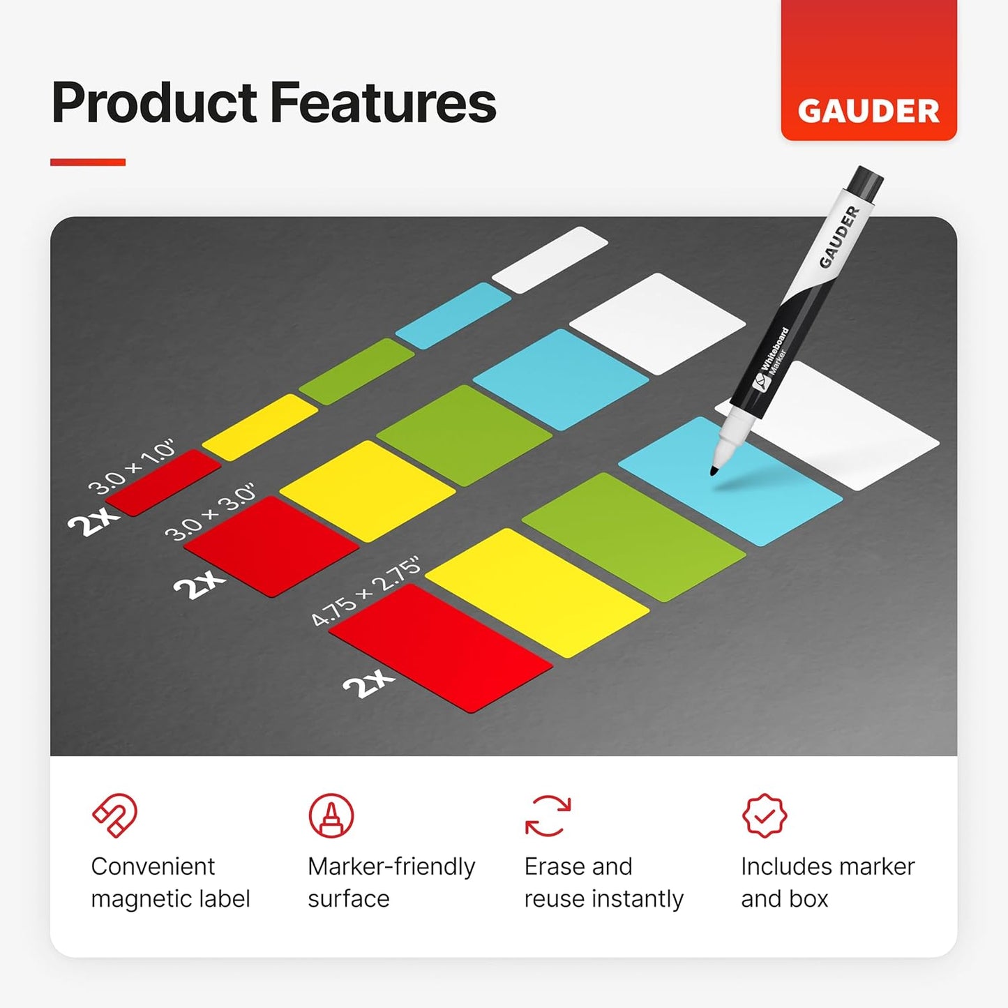 GAUDER Magnetic Labels Writable - Reusable Magnet Tags for Whiteboard, Chalkboard, Kanban Board and Refrigerator - Magnet Cards with Marker (30 Pack - 3 Sizes)