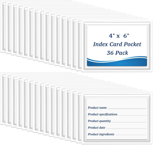 36Pcs Adhesive 4" x 6" Index Card Pockets, Clear Label Holders with Top Open for Loading, Plastic Pocket Sleeves for Organizing Storage Bins, Library Cards, Shelves