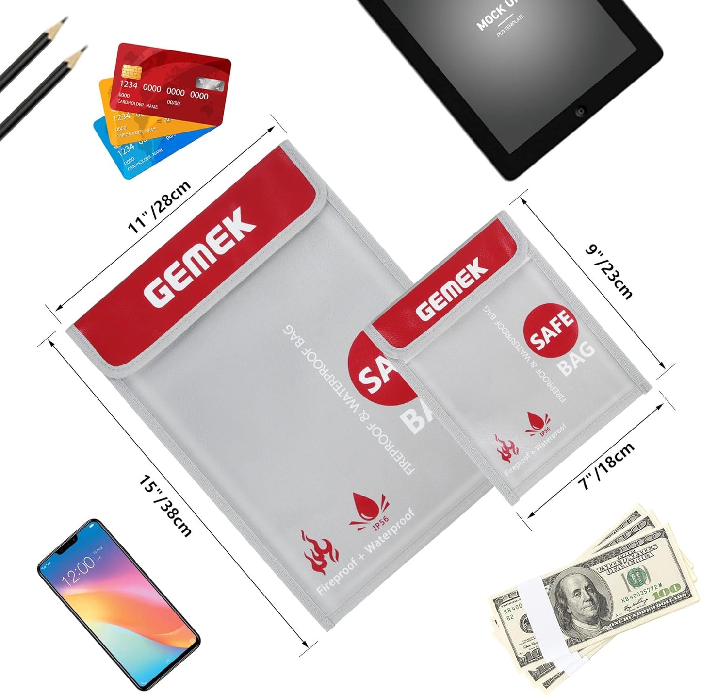 Fireproof Waterproof Money Document Bag 2 Pack, GEMEK Safe Zipper Bags, Fire & Water Resistant Storage Organizer Pouch for A4 A5 Documents Holder,File,Cash,Jewelry,Passport,Tablet,Laptop (Silver)