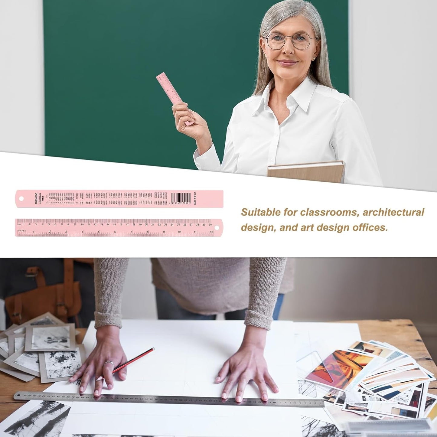 HARFINGTON 4pcs Metal Straight Ruler 30cm Metric SAE Aluminum Alloy Measuring Rulers Scale Tool with Hole for Measure Study Reading Classroom Office, Pink