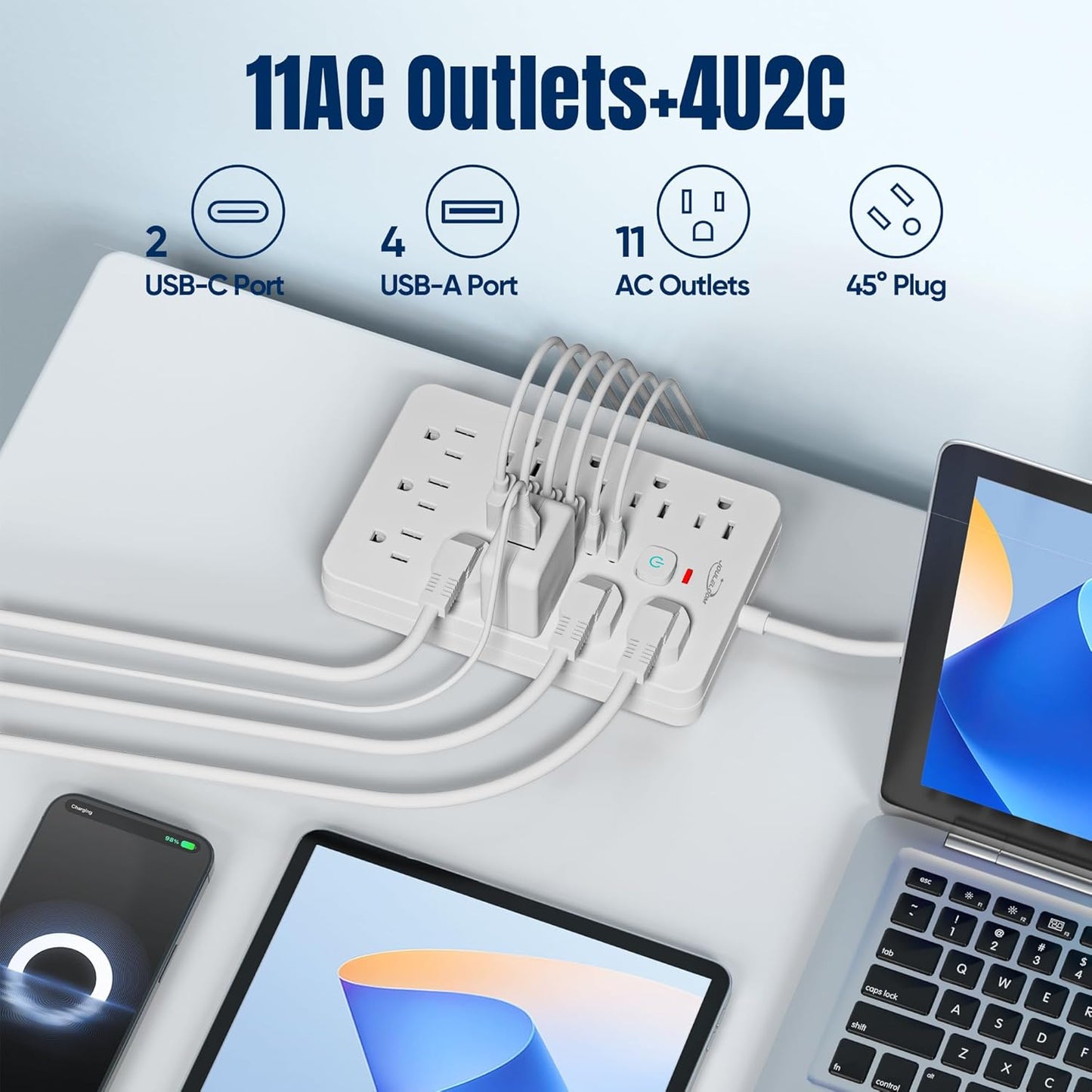 2 Pack 5 FT Flat Plug Surge Protector Power Strip,11 Multiple AC Outlets with 6 USB Ports (2 USB C), 5 Feet Extension Cord, 1250W/10A, One Touch Switch Button, 17 in 1 Compact powerstrip