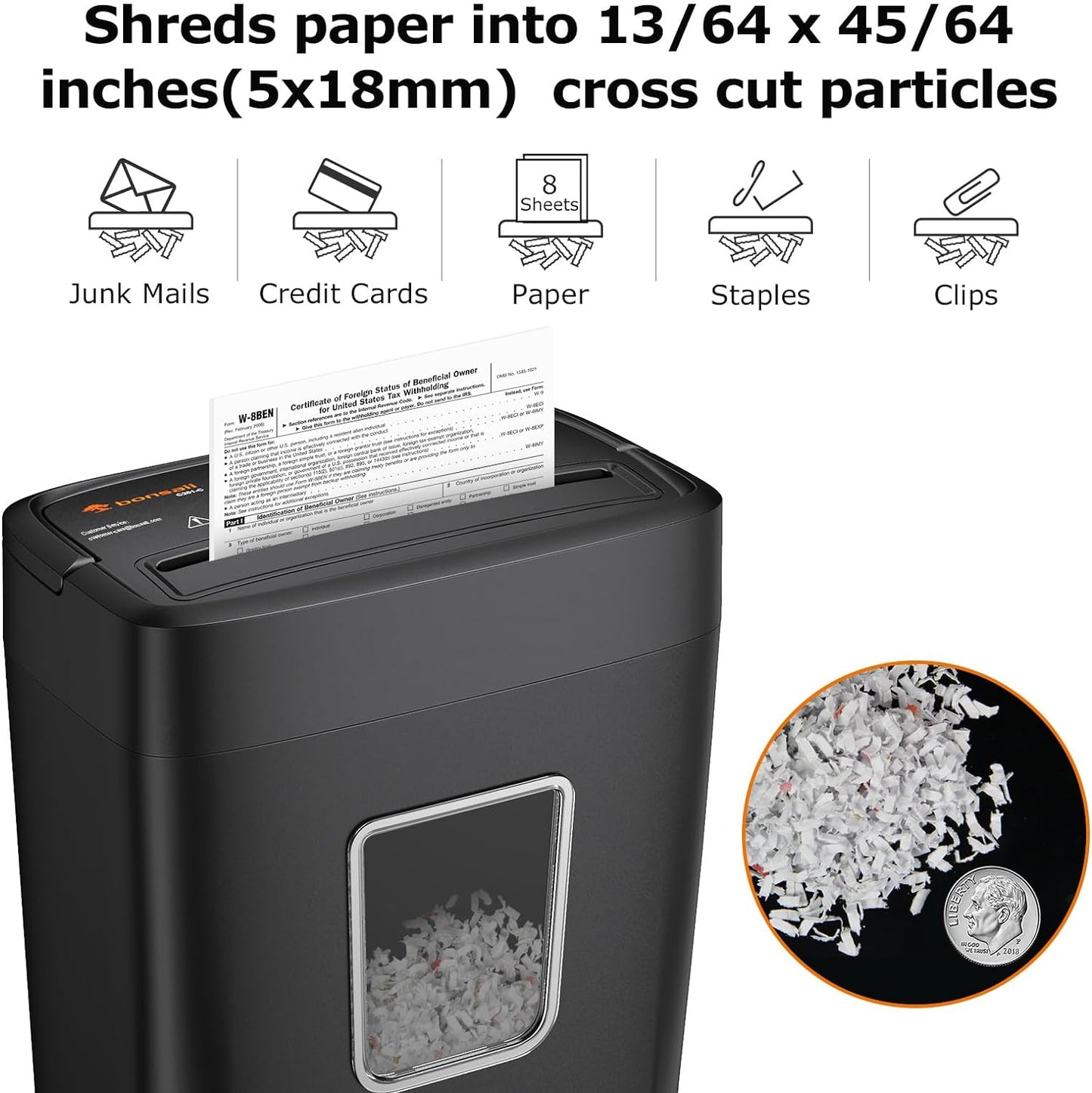Bonsaii Paper Shredder, 8-Sheet Crosscut Shredder with 4.2 Gallon Bin Shred Credit Card/Mail/Staple/Clip, P-4 Security Level Document Shredder with Handle for Home Office (C261-C)