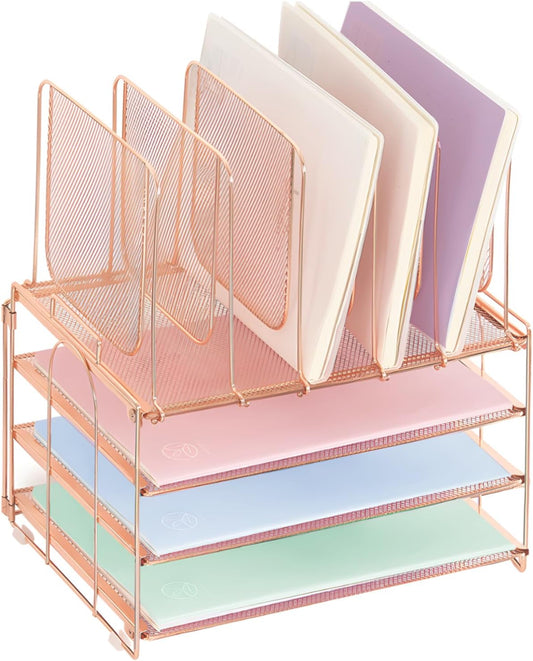 Desk Organizers and Accessories, 3-Tier Paper Organizer with 5 Vertical File Holders, File Organizer for Desk (Rose Gold, 3T)