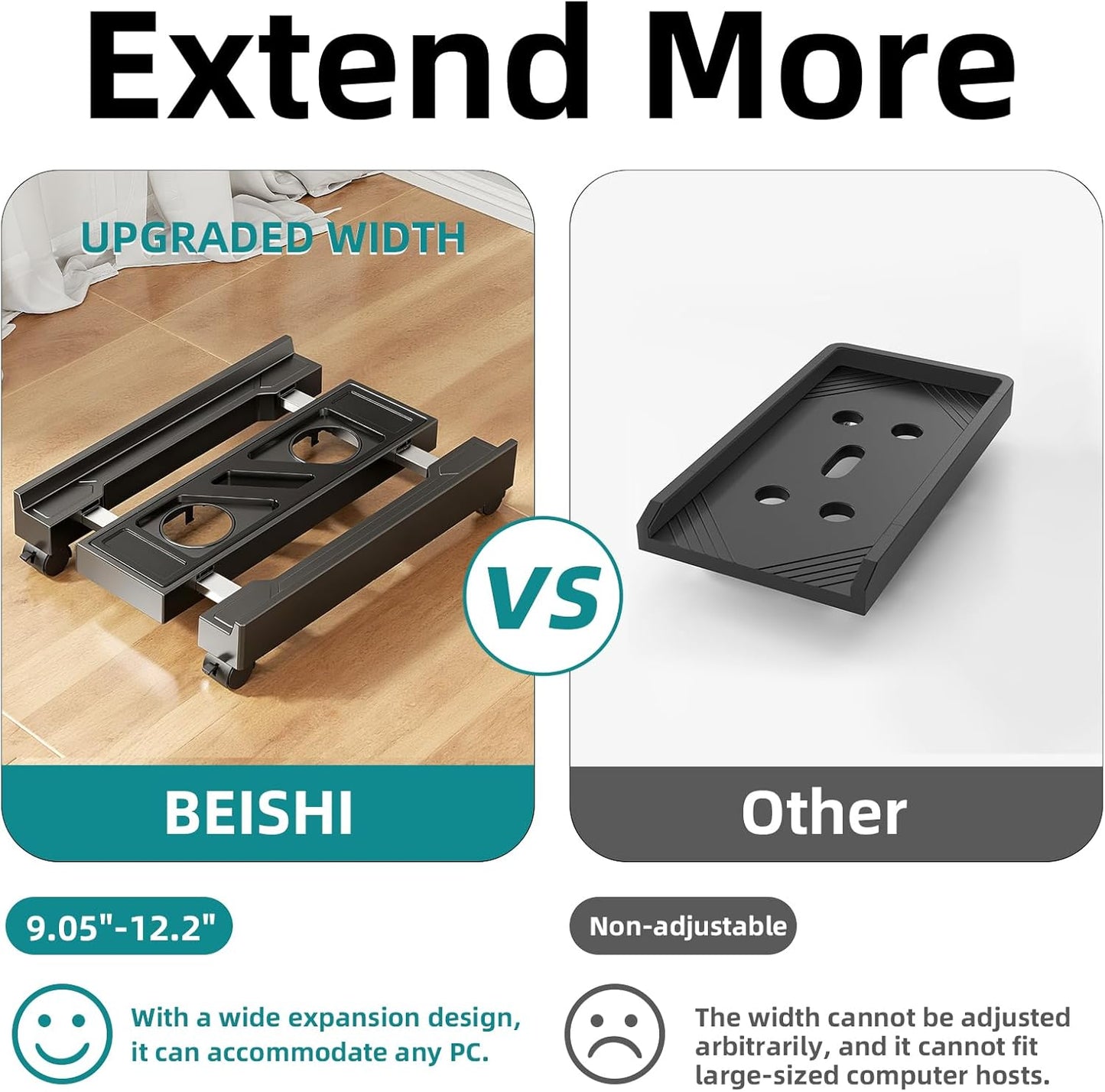 Adjustable Computer Tower Stand, Mobile CPU Stand with 4 Rolling Caster Wheels, Under Desk CPU Holder PC Floor Cart PC Riser for Gamers and Students (Standard Model)