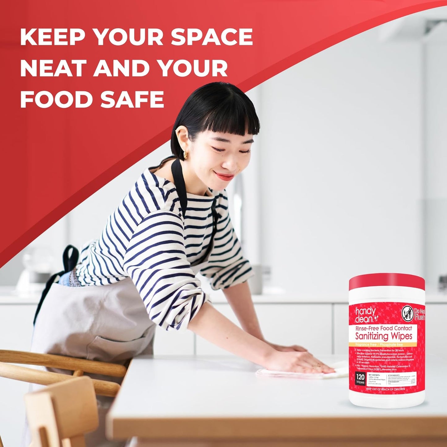 HandyClean Rinse-Free Food Contact Sanitizing Wipes Canister, Multi Surface Cleaning Wipes Cleaning Supplies for Kitchen and Professional Setting 6-Pack (120 Wipes Each)