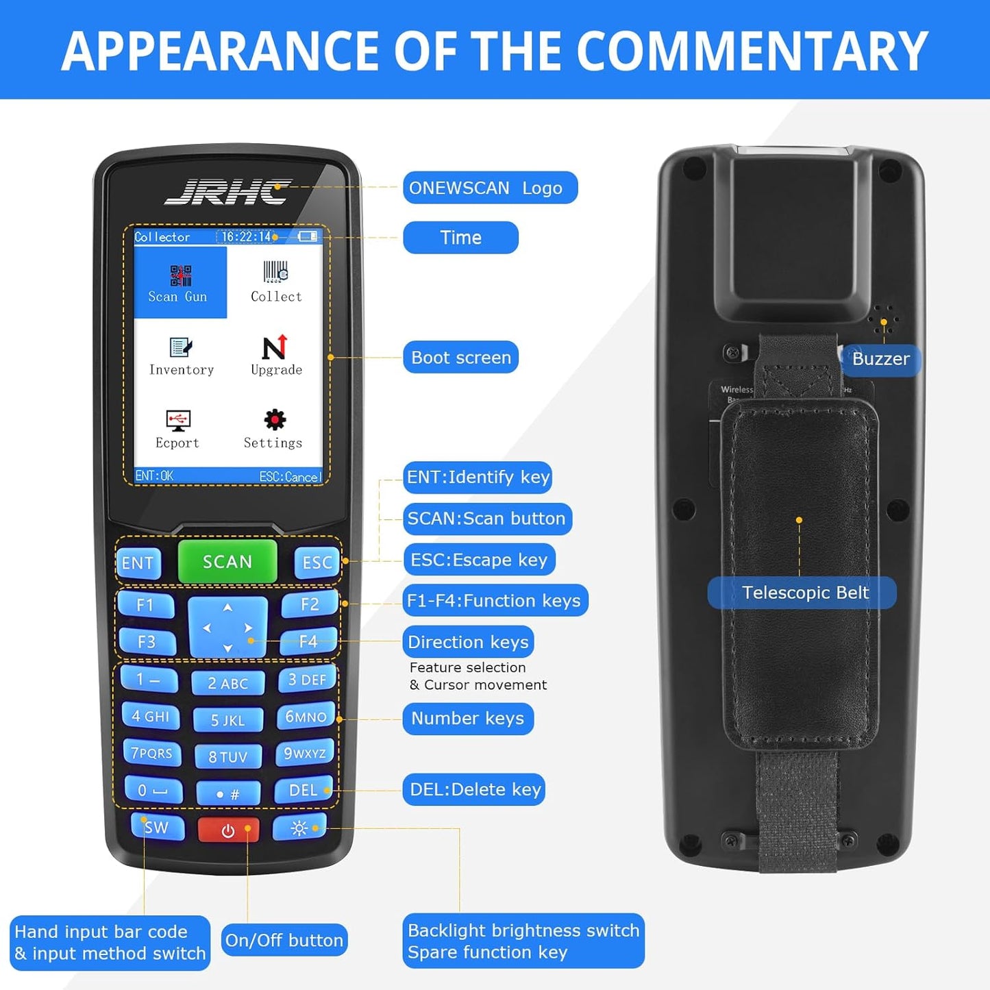 1D 2D Barcode Scanner Wireless, JRHC Portable Inventory Scanner & Data Collector Data Terminal PDT Inventory Device with Long Transmission Distance 2.4G Wireless Bar Code Reader with 2.8" LCD Screen
