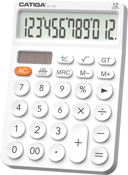 CATIGA 12 Digit Desktop Calculator Basic Desk Calculator with Large LCD Display, Big Buttons, 4 Function, Solar and Battery Dual Power, for Office, School, Home, SD-1292 White