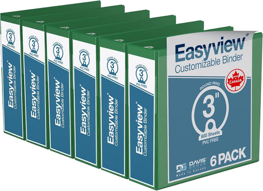 Easyview Premium 3-Ring Binders with Clear-View Covers and Round Rings, Binders for School or Office, 3 Inch, Pack of 6, Green
