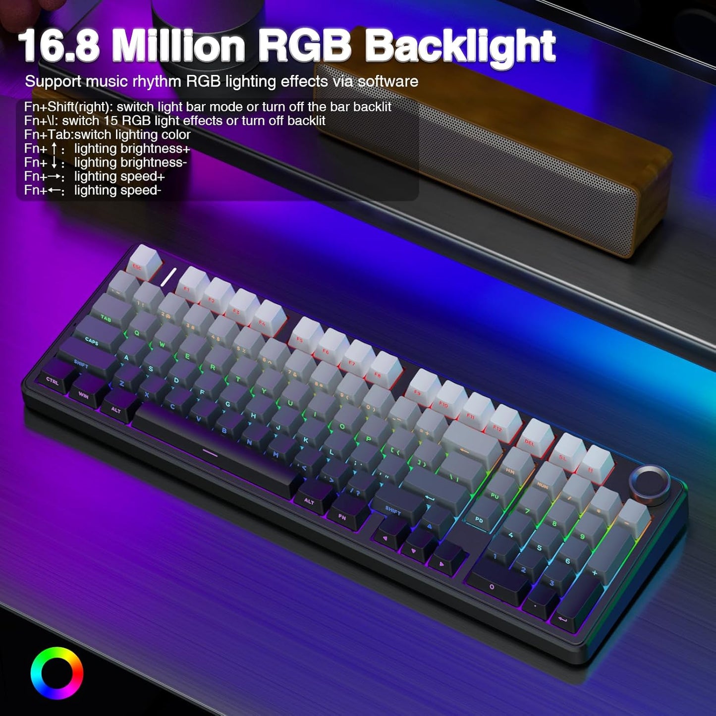 AULA F99 Pro Wireless Mechanical Keyboard with Knob,Tri-Mode BT5.0/USB-C/2.4GHz Hot Swappable Keyboard,Pre-lubed Switches,RGB Backlit PBT Keycaps Computer Gaming Keyboards (Side Printed Black)