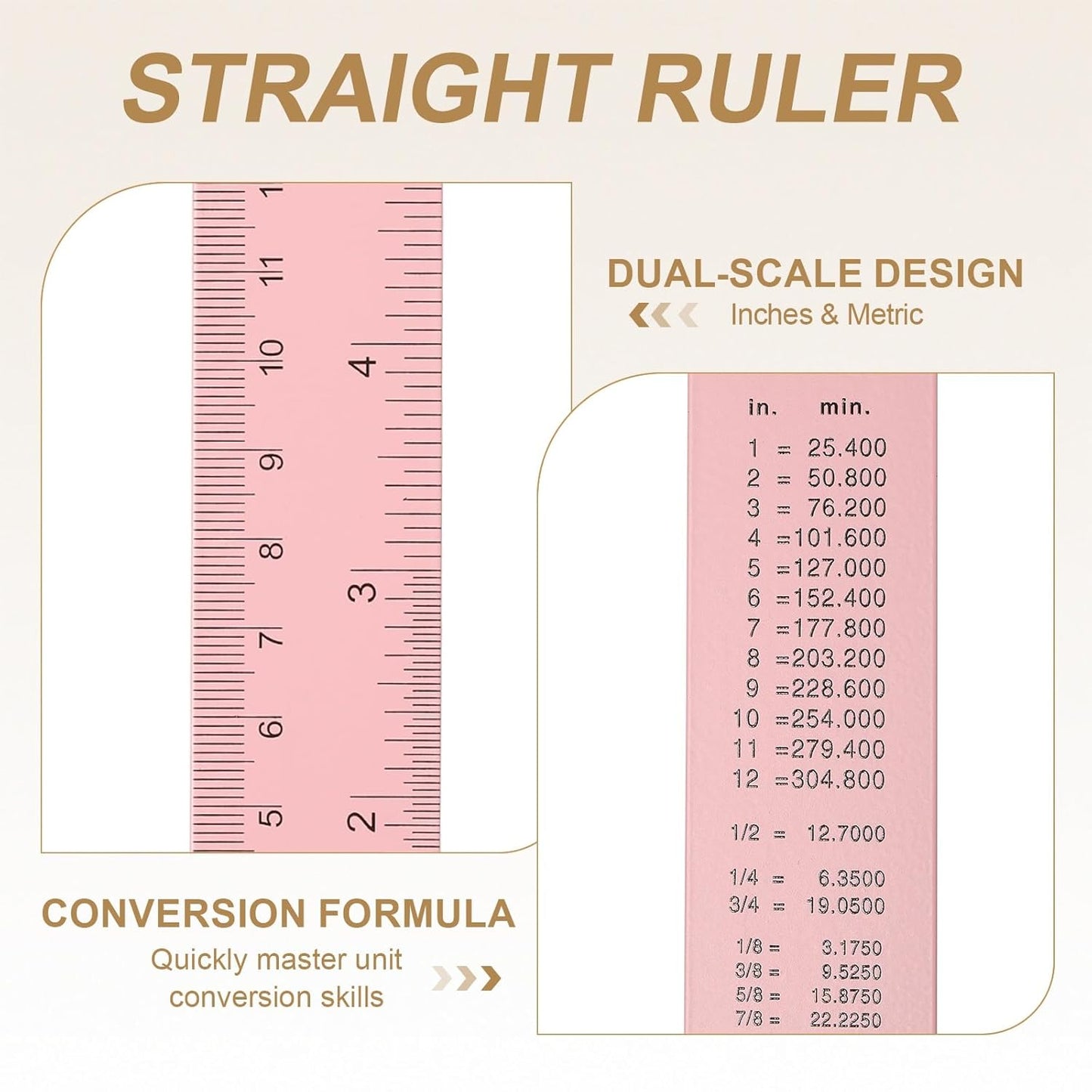 HARFINGTON 4pcs Metal Straight Ruler 30cm Metric SAE Aluminum Alloy Measuring Rulers Scale Tool with Hole for Measure Study Reading Classroom Office, Pink