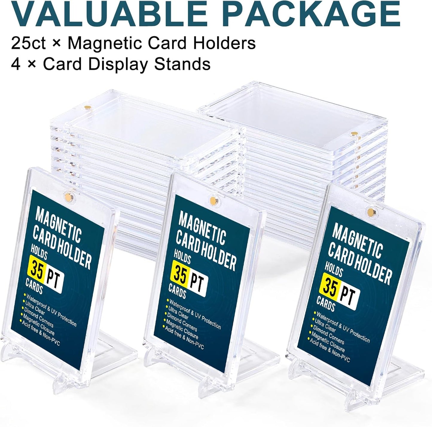 GEAoffice 25pc Magnetic Card Holder for Trading Cards with Dispaly Stands, 35pt UV Protection Ultra Clear Baseball Card Holder Protectors for Sports & Game Cards, Hard Plastic